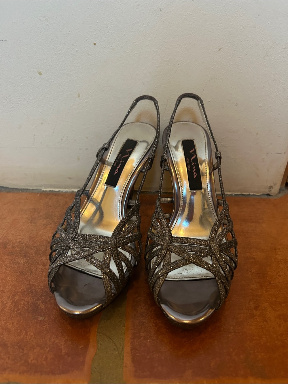Nina Glitter Strappy Open-Toe Slingback Heels in silver